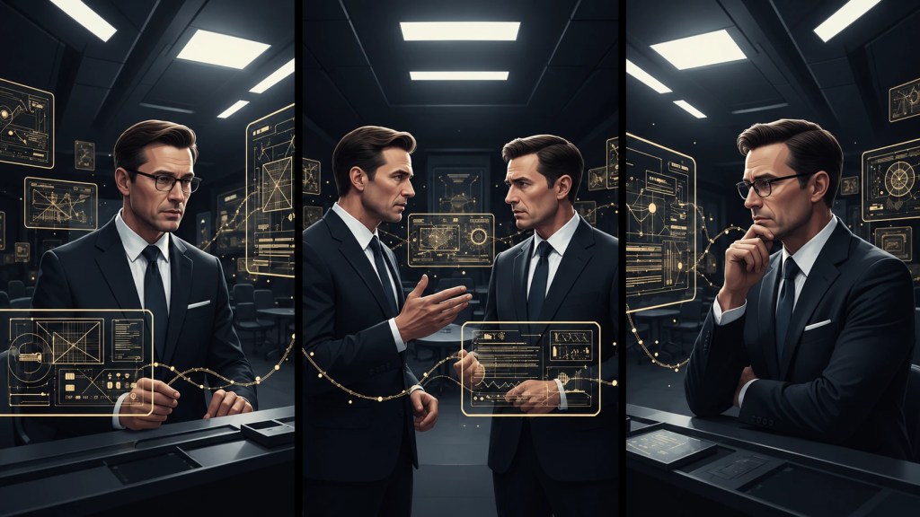 Ilustración de un debate sobre el desarrollo de la inteligencia artificial en tres escenas.
