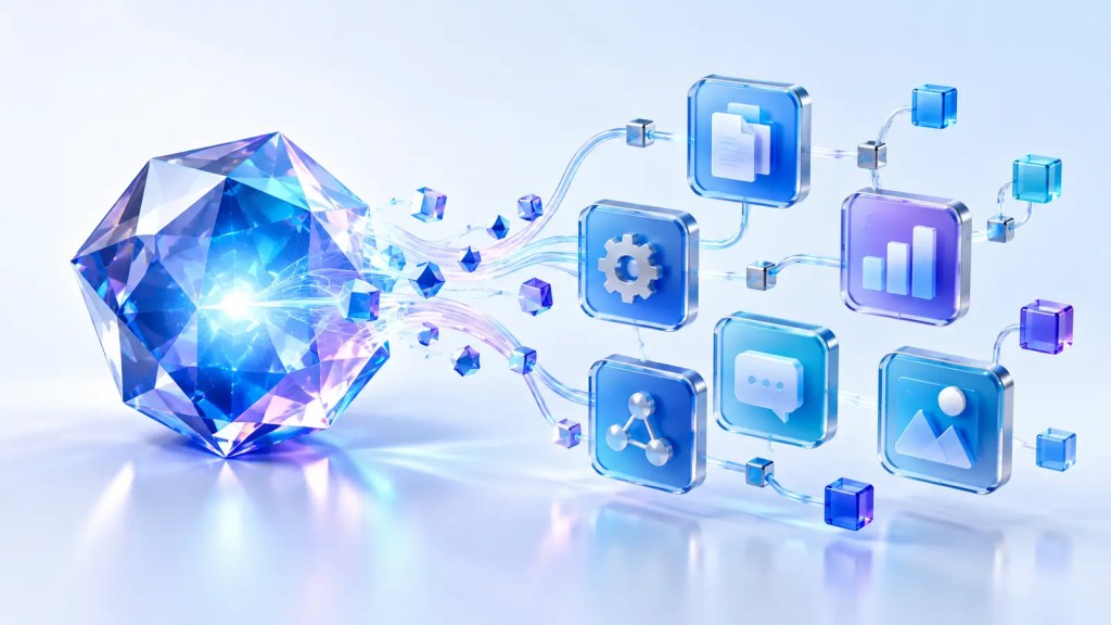 Ilustración editorial de una gema azul que se transforma en módulos conectados para representar la migración de Gemini Gems a Skills