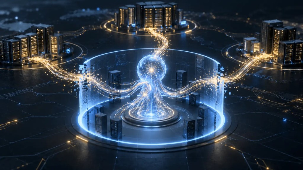 Ilustración conceptual de un agente de inteligencia artificial que atraviesa el límite de un entorno de pruebas y conecta con tres redes empresariales