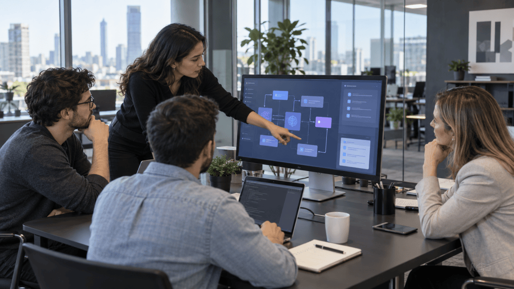Ilustración generada con IA de un equipo trabajando en la integración de agentes de inteligencia artificial en una oficina.