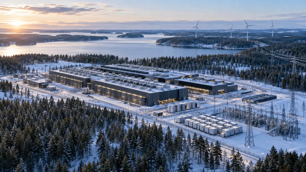 Centro de datos de inteligencia artificial rodeado de nieve, bosques, líneas eléctricas y aerogeneradores en Finlandia