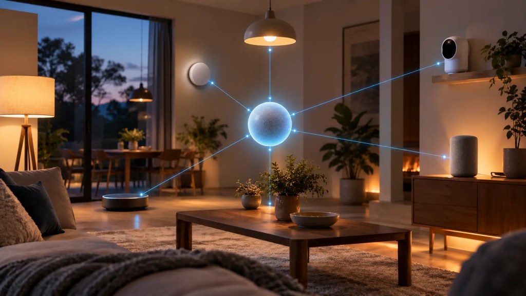 Salón de una casa inteligente con luces, cámara, altavoz y sensores conectados a un agente de IA