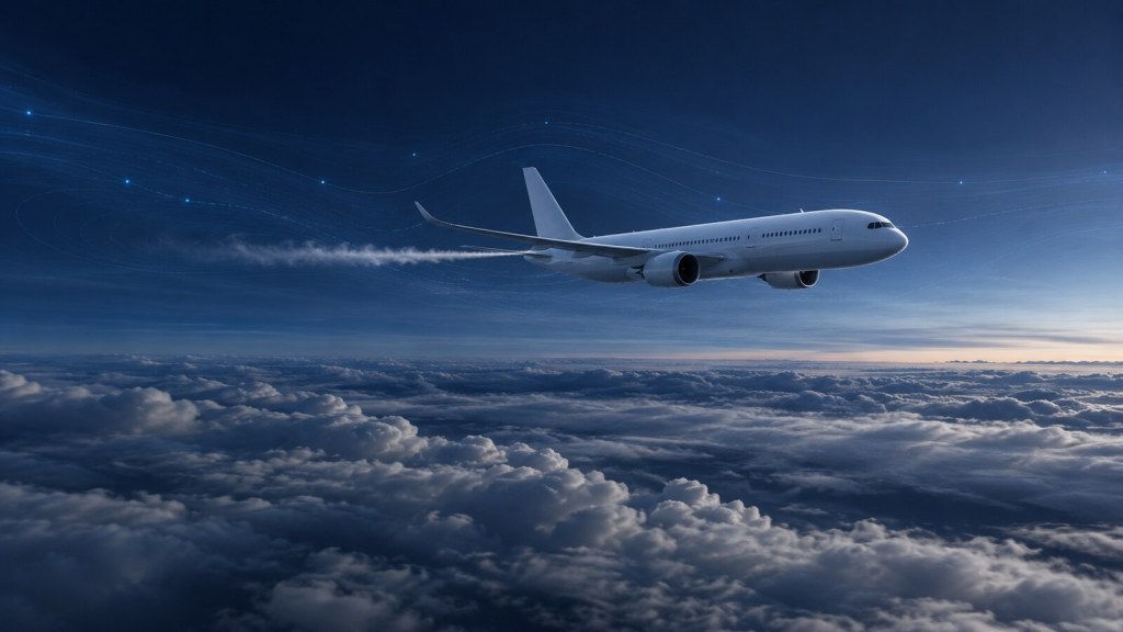 Avión comercial con una estela corta sobre las nubes y una representación de predicciones atmosféricas.