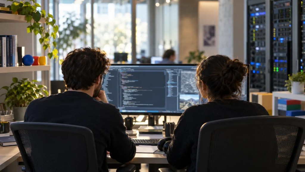 Recreación generada con IA de dos profesionales desarrollando software ante una pantalla en una oficina.