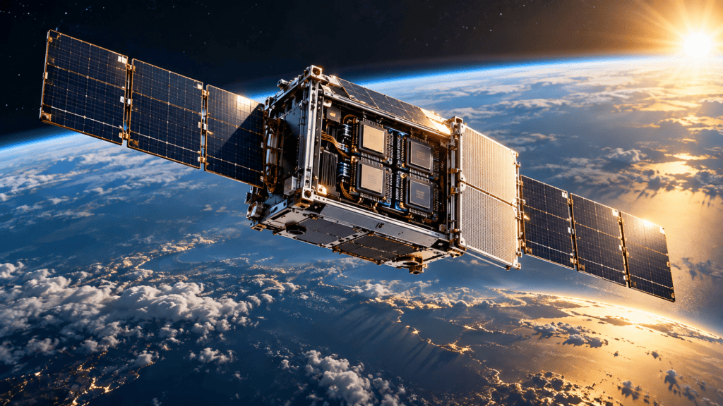 Ilustración editorial de un satélite experimental con paneles solares y chips de IA sobre la Tierra