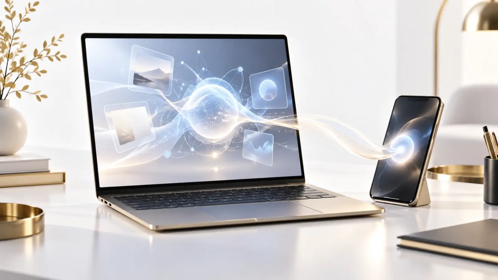 Portátil premium junto a un móvil con una interfaz abstracta de inteligencia artificial