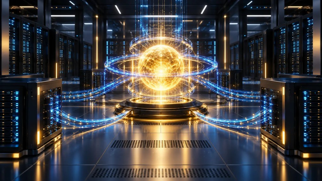 Núcleo dorado de inteligencia artificial conectado a servidores azules en un centro de datos