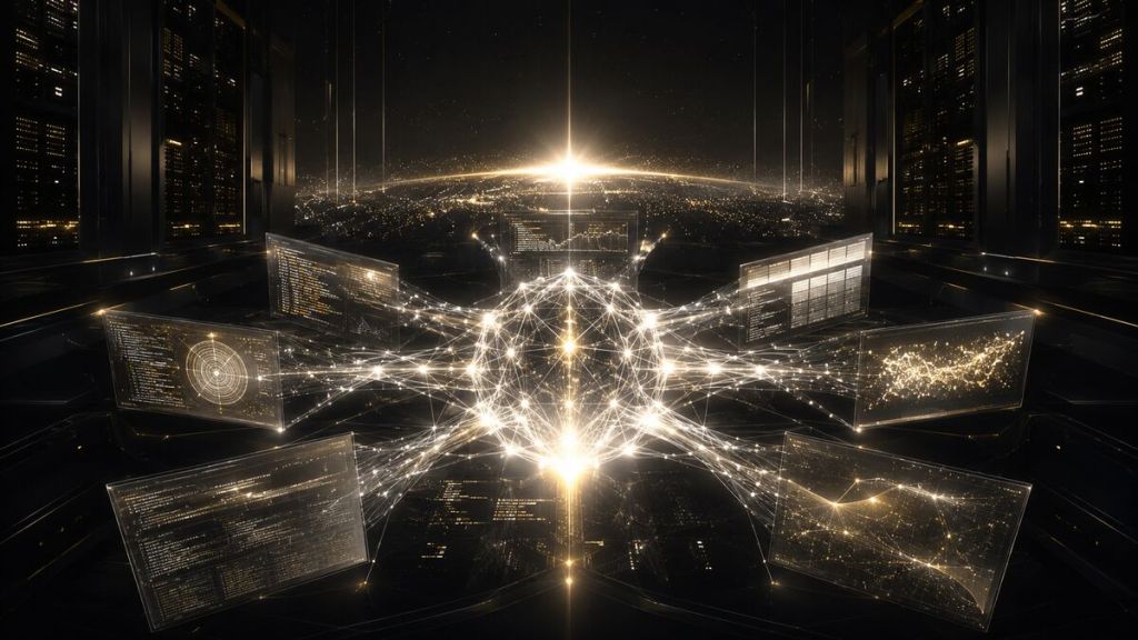 Núcleo de inteligencia artificial conectado a herramientas de trabajo digitales en un centro de datos
