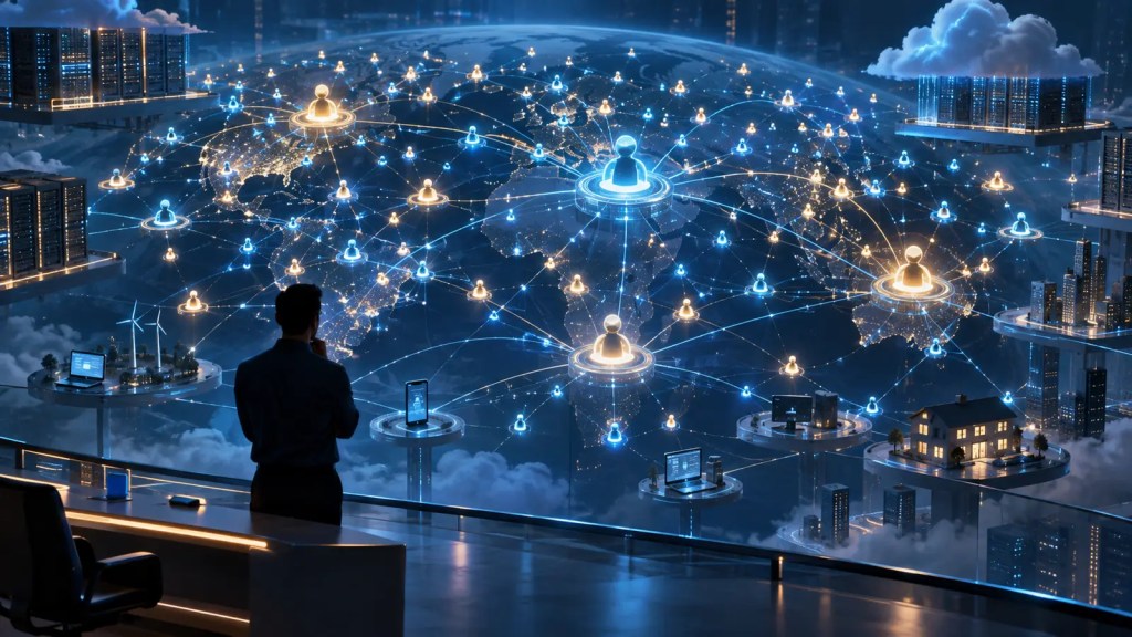 Ilustración conceptual de una persona supervisando una red mundial de agentes de inteligencia artificial conectados a centros de datos y dispositivos