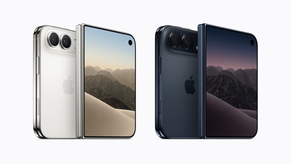 Imagen oficial del iPhone Duo plegado, visto por delante y por detrás en sus dos acabados.