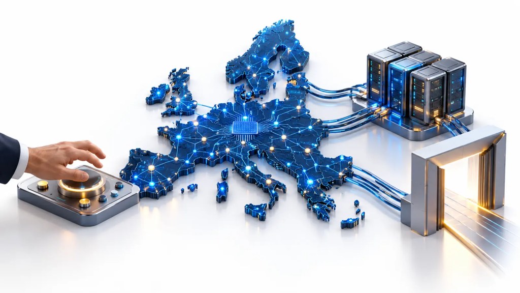 Mapa conceptual de Europa conectado a servidores y a un control humano, como símbolo de soberanía e infraestructura de inteligencia artificial
