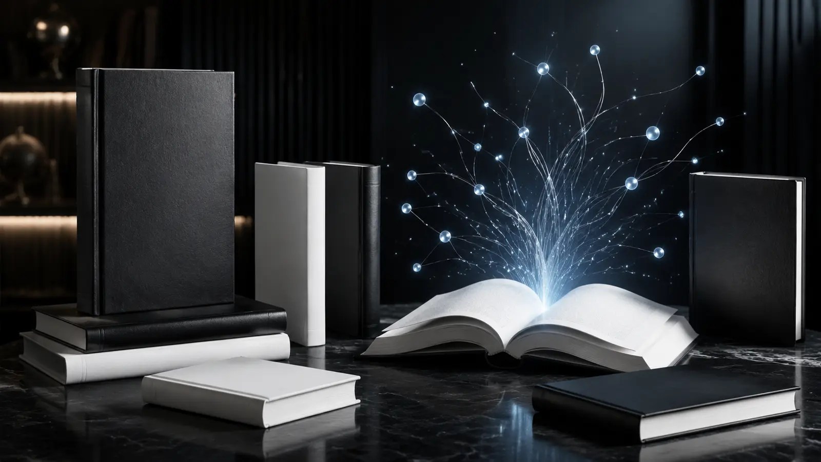 Libros negros y blancos conectados con una red luminosa que representa el conocimiento de la inteligencia artificial.
