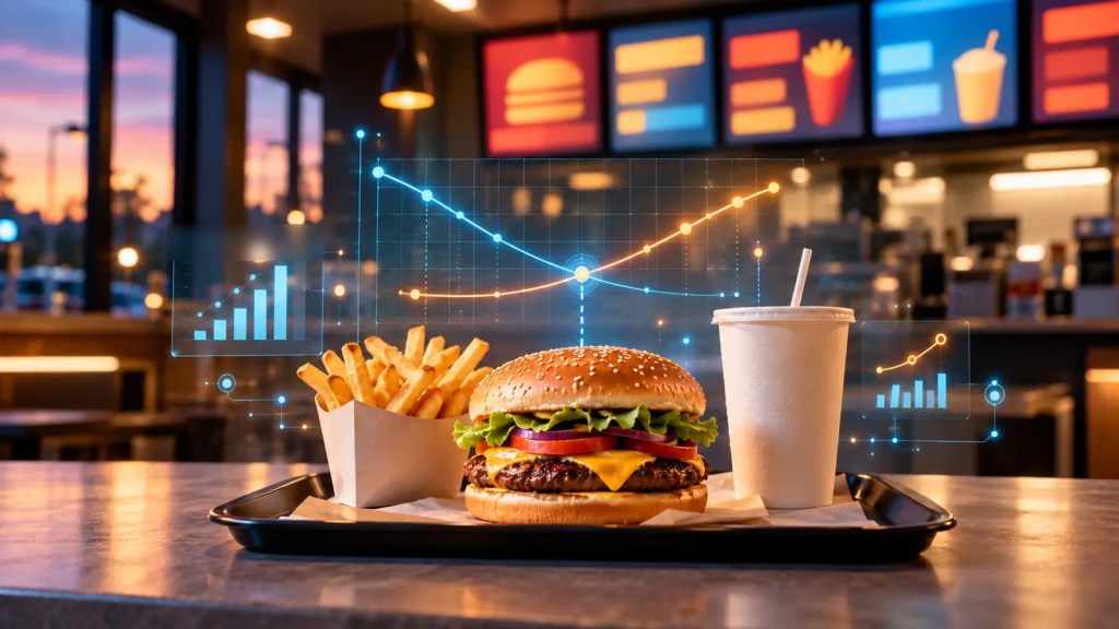 Ilustración conceptual de un menú de hamburguesa con gráficos de análisis de precios generados por IA