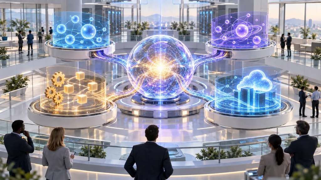 Ilustración editorial de un núcleo de inteligencia artificial conectado con atención al cliente, programación, automatización e infraestructura empresarial