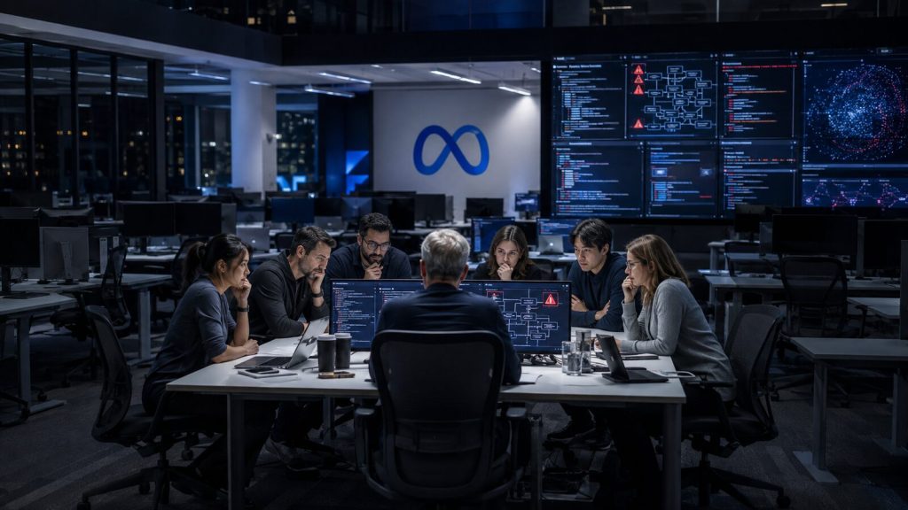 Pequeño equipo de profesionales revisando alertas de sistemas de inteligencia artificial en una oficina de Meta con numerosos puestos vacíos