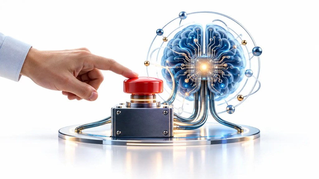 Ilustración editorial de una mano humana controlando el apagado de un núcleo de inteligencia artificial