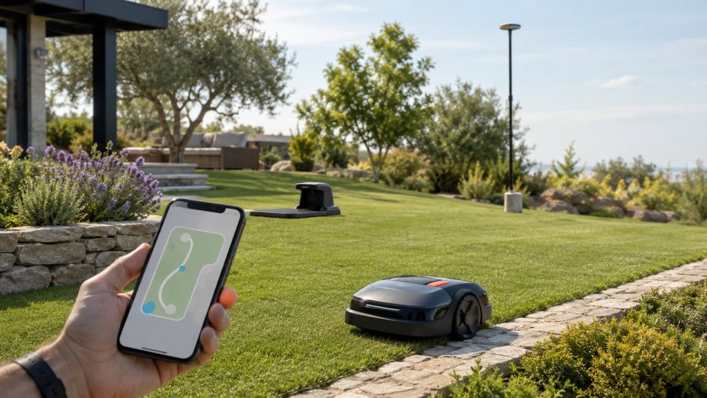 Robot cortacésped autónomo configurándose en un jardín mediante una aplicación móvil y una antena GNSS
