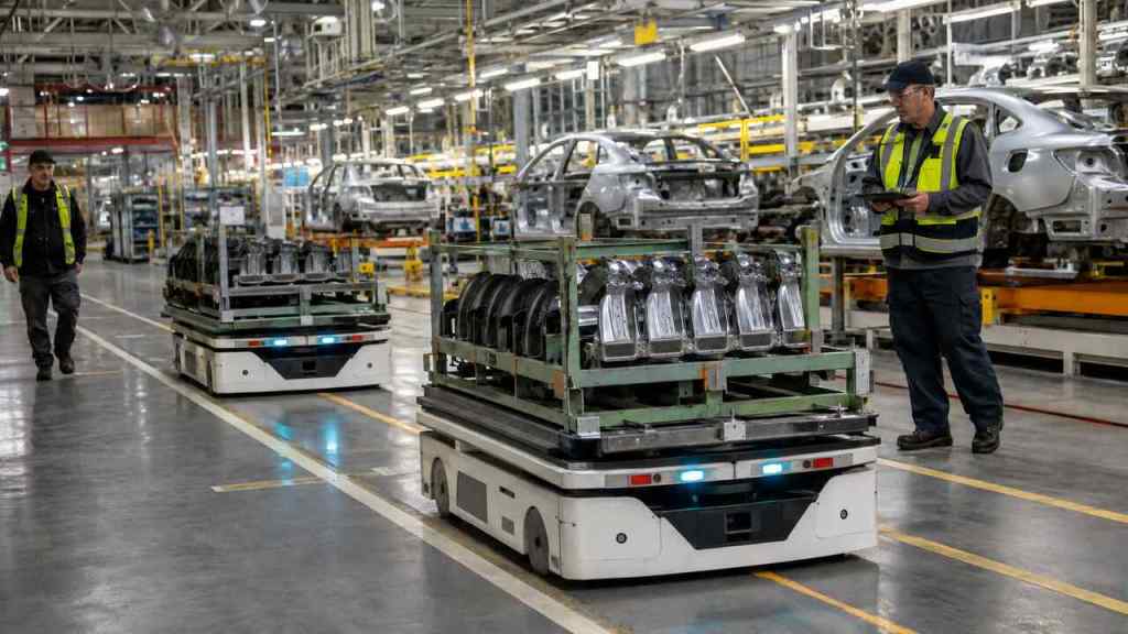Dos robots móviles autónomos transportan piezas mientras operarios supervisan una fábrica de automóviles