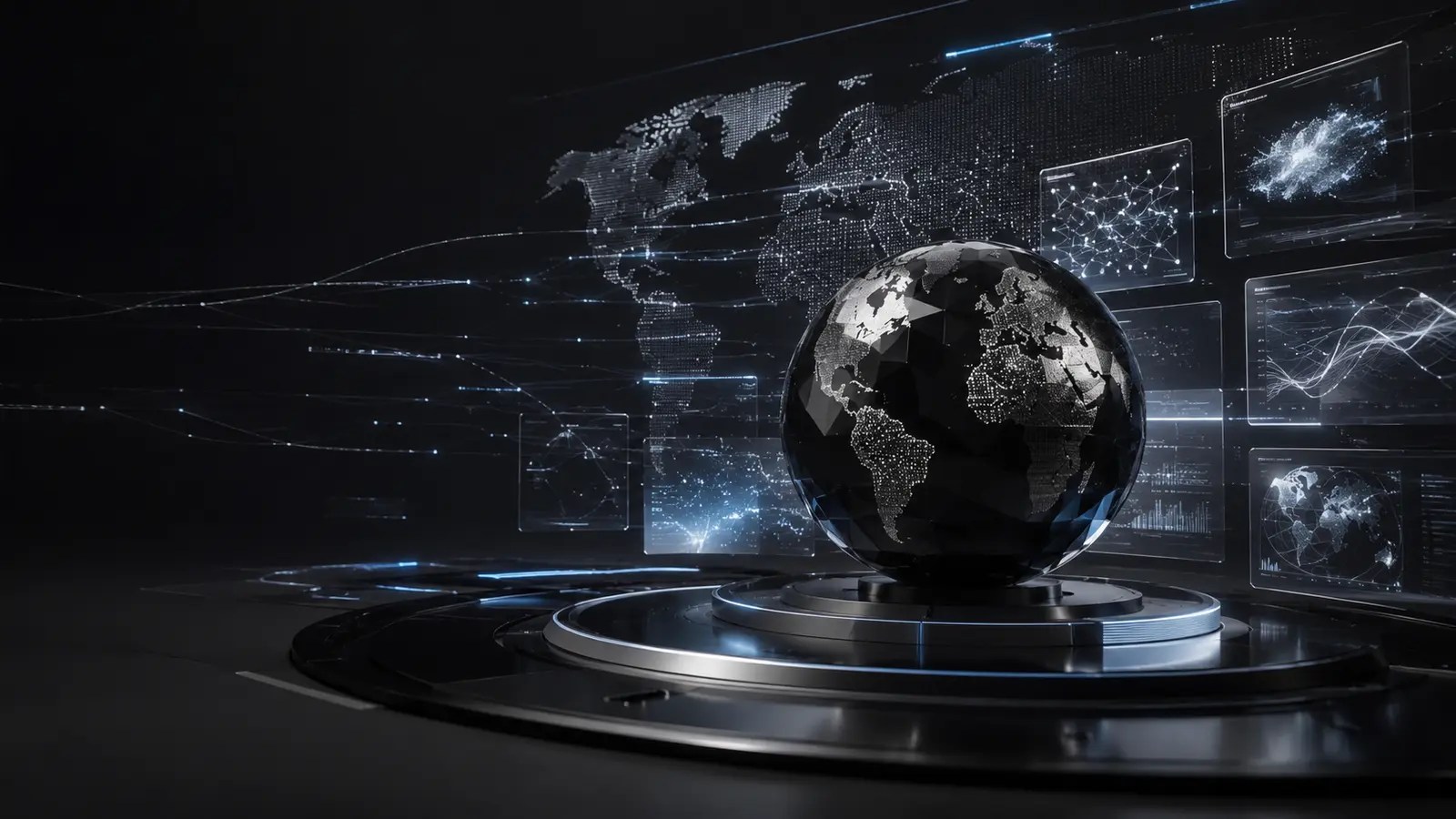Centro global de análisis de noticias sobre inteligencia artificial con mapas y flujos de datos.