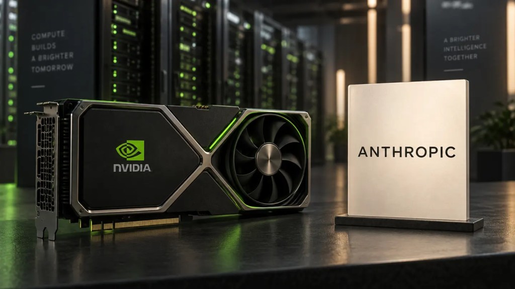 Ilustración conceptual generada con IA con una tarjeta gráfica NVIDIA y el nombre de Anthropic ante servidores.