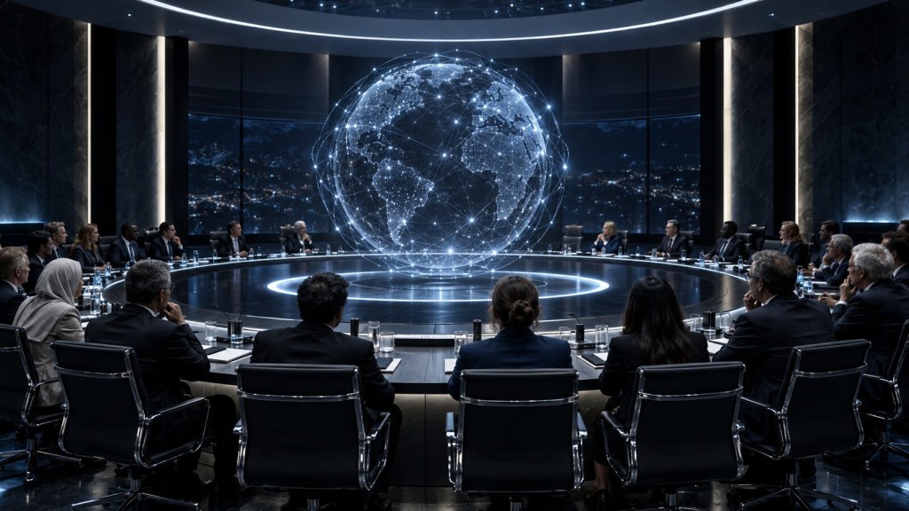 Representación de un foro internacional debatiendo los riesgos y límites de la inteligencia artificial.