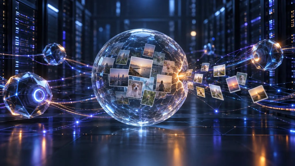 Esfera de datos agrietada de la que escapan fotografías hacia una red de agentes de inteligencia artificial