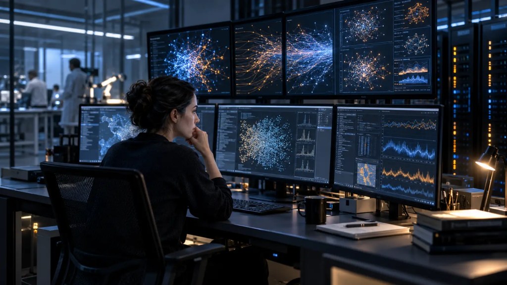 Investigadora supervisando varios agentes de inteligencia artificial en un laboratorio tecnológico