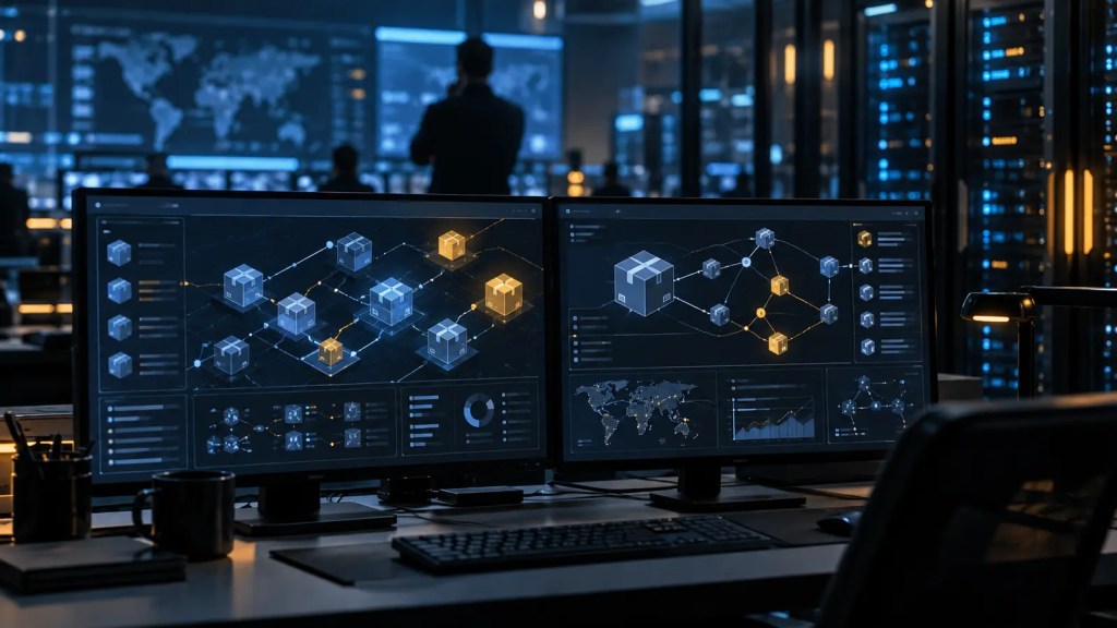 Centro de operaciones de ciberseguridad con una visualización conceptual de paquetes de software conectados