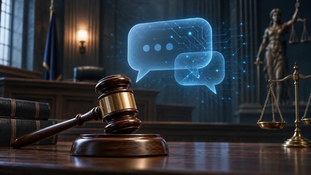 Ilustración conceptual de un mazo judicial ante burbujas de conversación digitales, símbolo de la responsabilidad legal de la inteligencia artificial