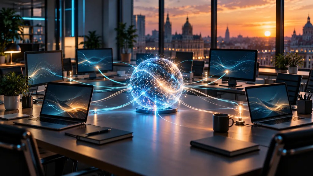 Núcleo luminoso de inteligencia artificial conectado a varios ordenadores en una oficina vacía al atardecer