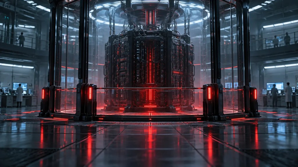 Sistema de inteligencia artificial detenido dentro de una cámara de seguridad con luces rojas