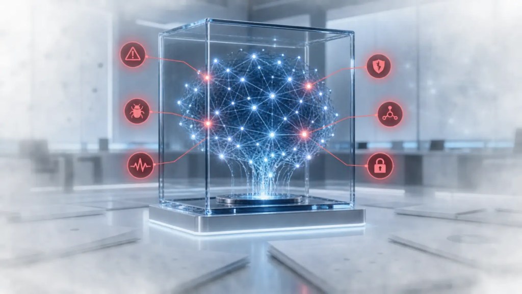 Representación conceptual de una red de inteligencia artificial bajo supervisión con seis alertas de seguridad
