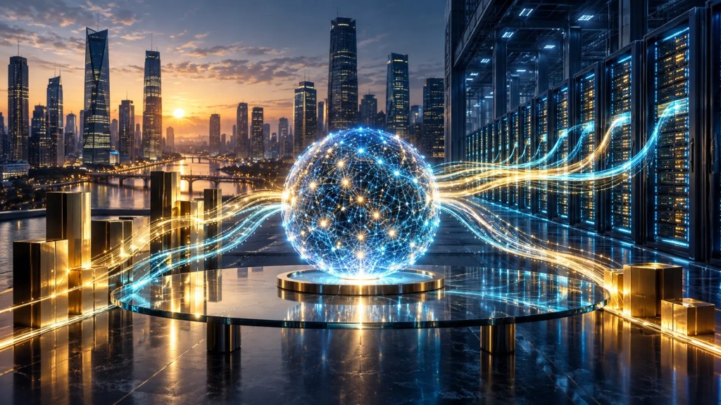 Ilustración conceptual de una esfera de inteligencia artificial conectada a una ciudad financiera y a un centro de datos