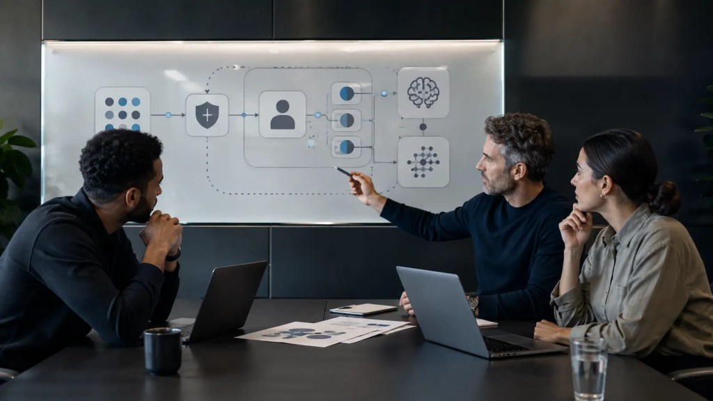 Equipo de una pyme revisando un flujo seguro de uso de inteligencia artificial con control humano y protección de datos.