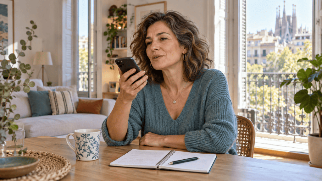 Mujer adulta practicando una conversación con el móvil junto a un cuaderno en casa.