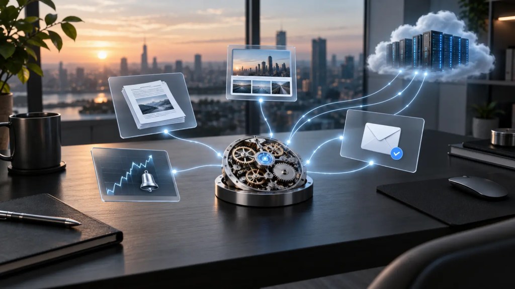 Reloj mecánico coordinando informes, alertas y tareas de inteligencia artificial desde la nube