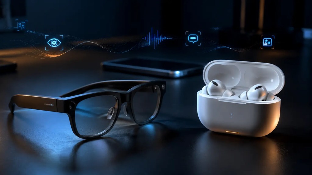 Gafas inteligentes negras y auriculares inalámbricos blancos comparados como dispositivos de inteligencia artificial.