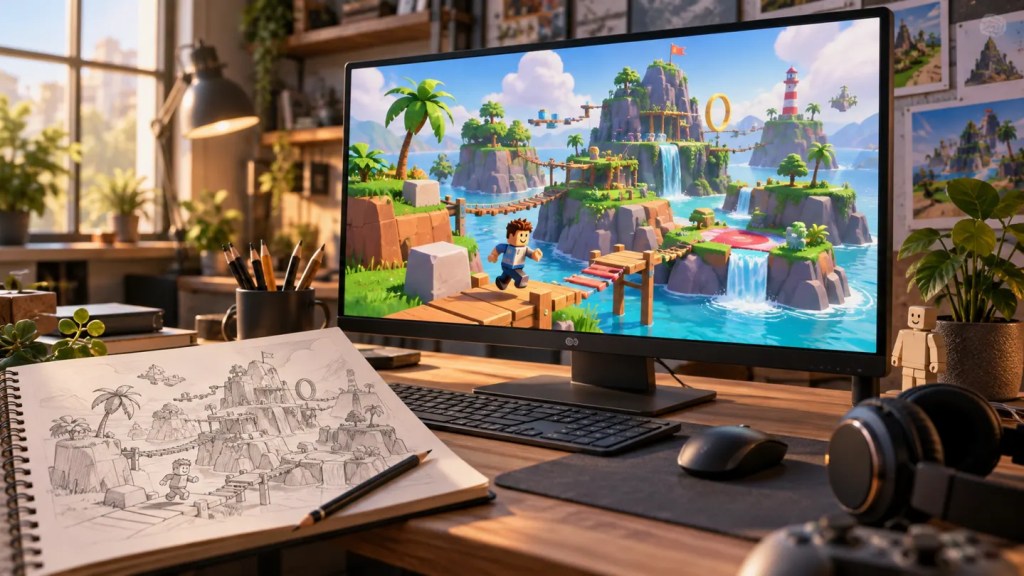 Ilustración generada con IA de un escenario de videojuego en una pantalla y su boceto sobre una mesa.