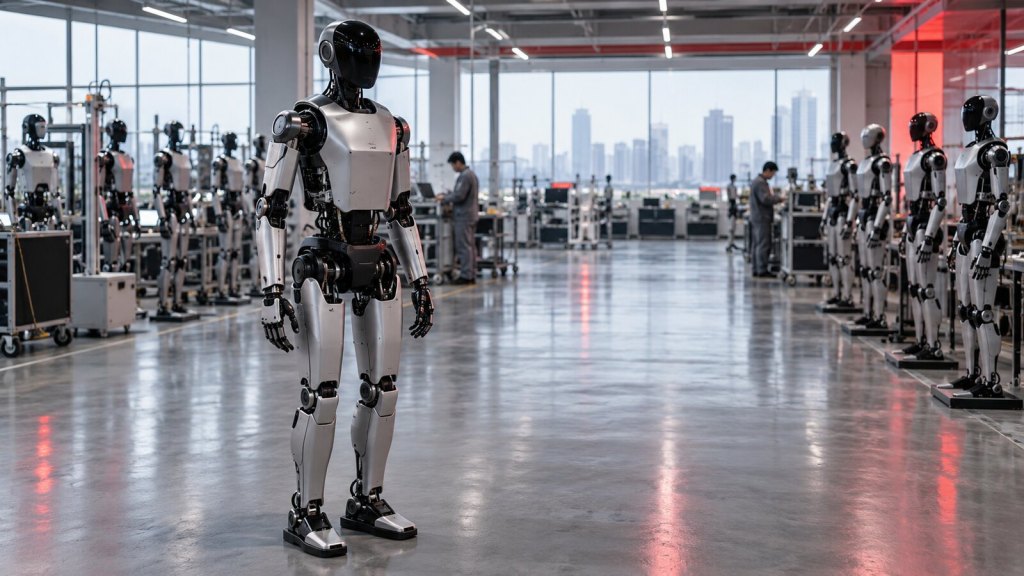 Robots humanoides alineados en una fábrica moderna, con un prototipo industrial en primer plano.