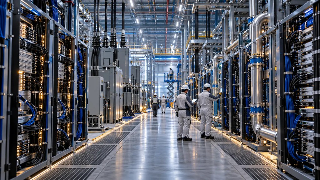 Ingenieros inspeccionan servidores, sistemas eléctricos y refrigeración en un centro de datos de inteligencia artificial