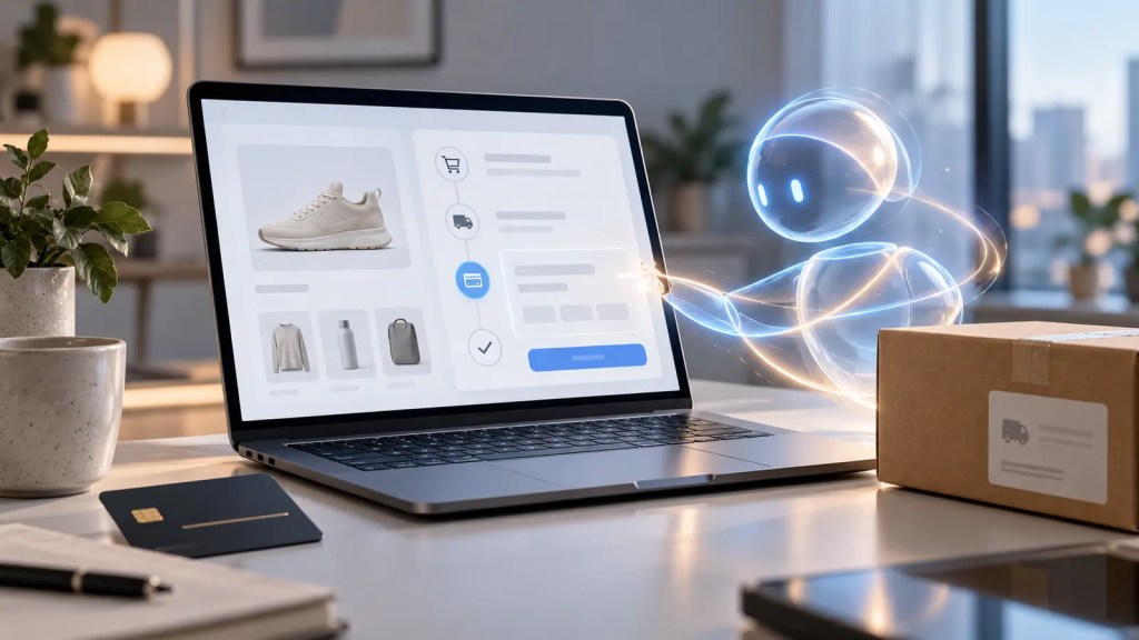 Ilustración editorial de un agente de inteligencia artificial interactuando con el proceso de pago de una tienda online