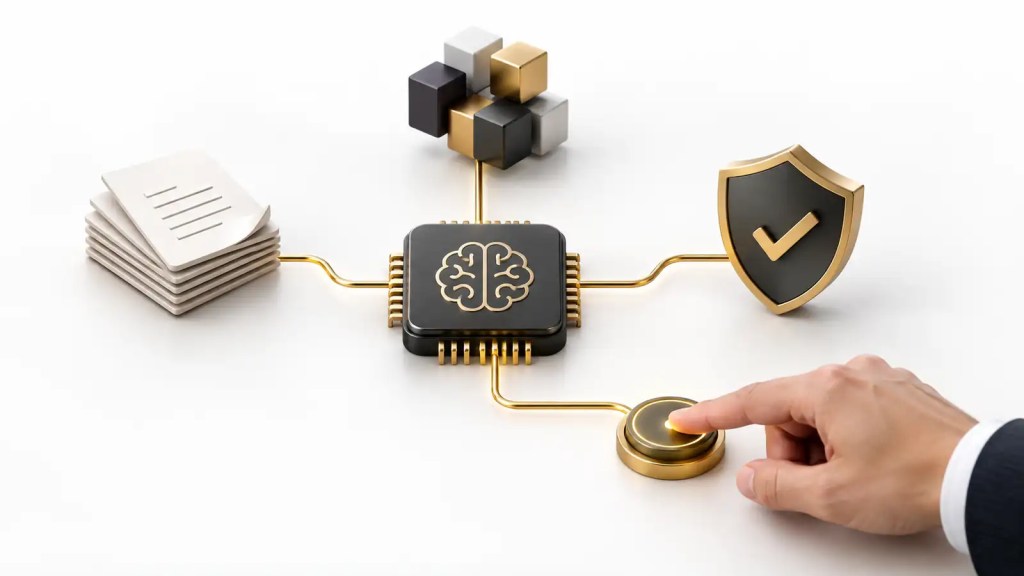 Ilustración de un chip conectado a documentación, módulos de software y un escudo, con una mano que valida el proceso.