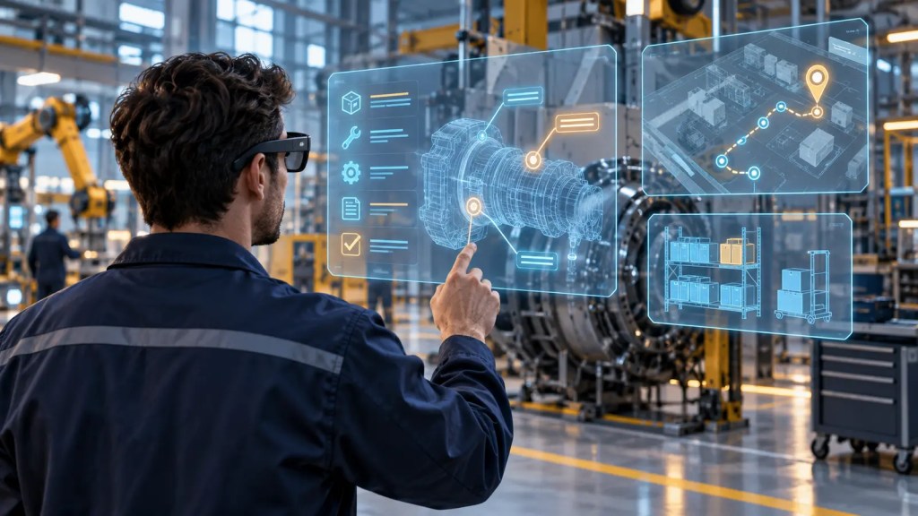 Ilustración conceptual de un técnico con gafas de realidad aumentada y paneles de IA en una fábrica