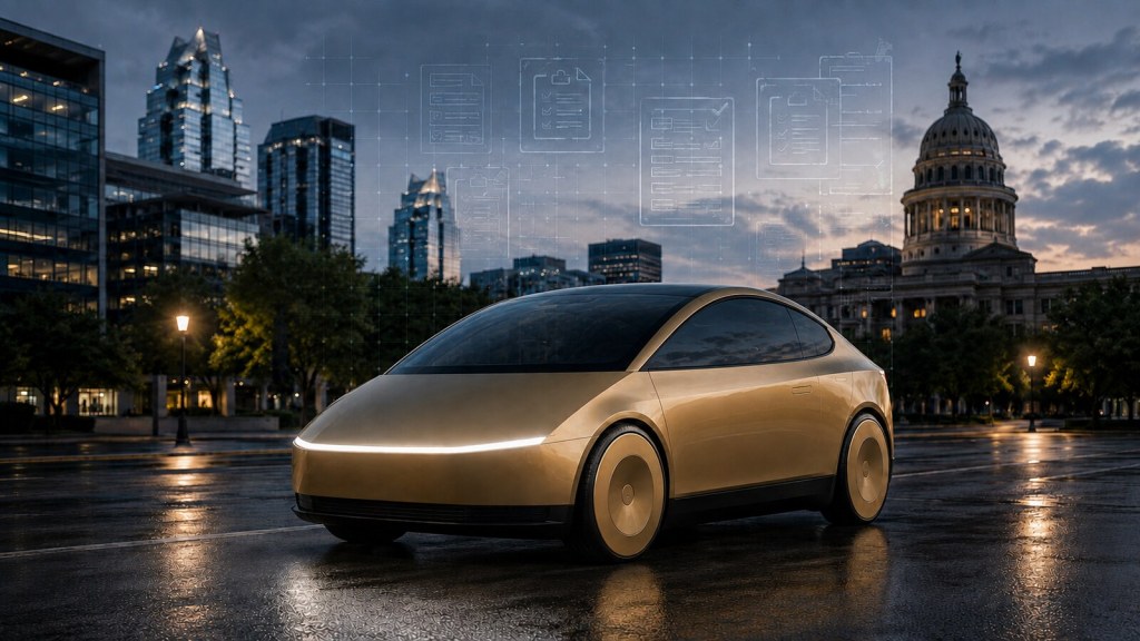 Tesla Cybercab dorado frente al Capitolio de Texas durante una revisión regulatoria en Estados Unidos