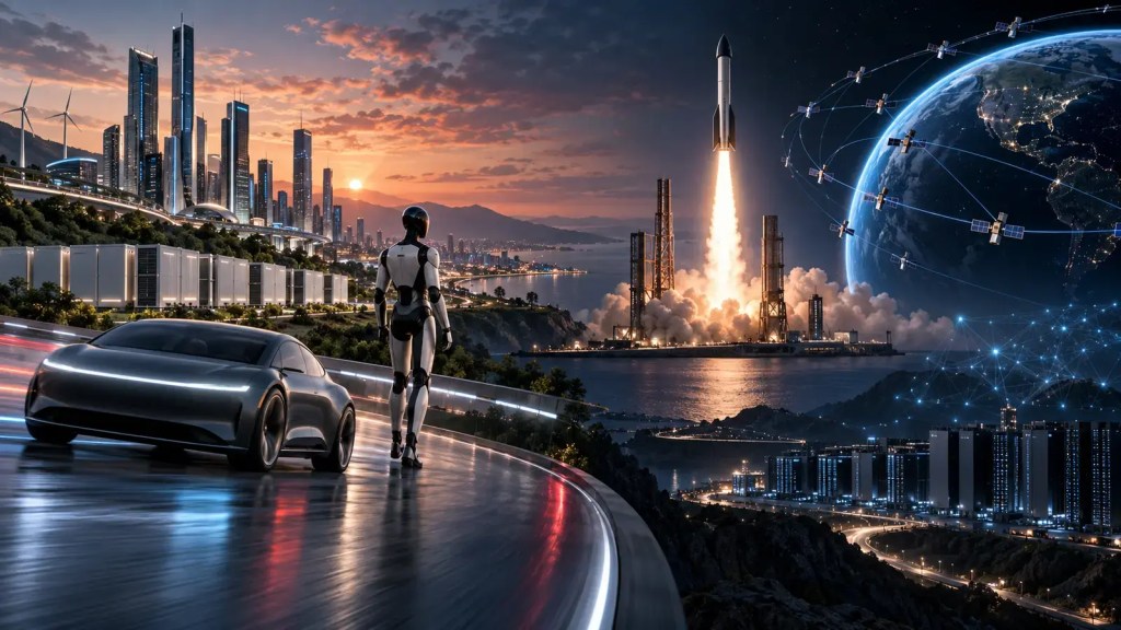 Coche eléctrico autónomo y robot humanoide frente al lanzamiento de un cohete, satélites y centros de datos de inteligencia artificial