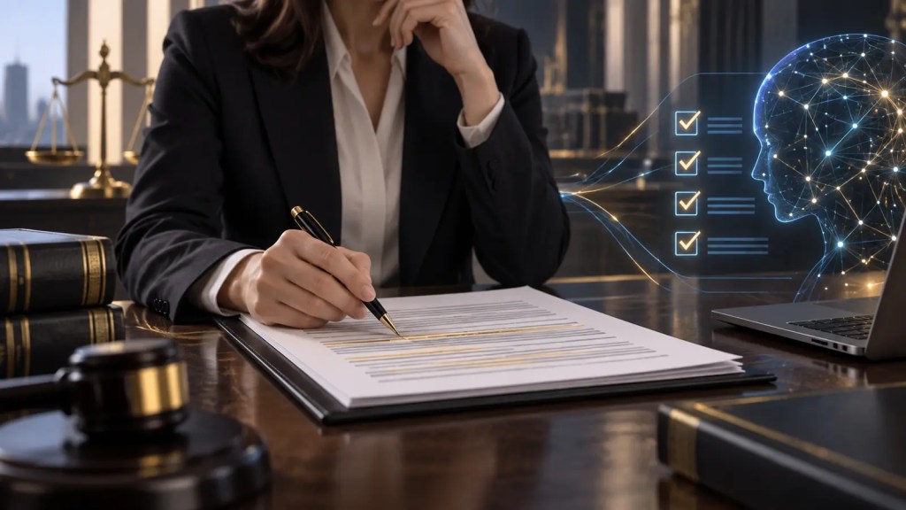Abogada revisando un documento legal junto a una representación conceptual de inteligencia artificial