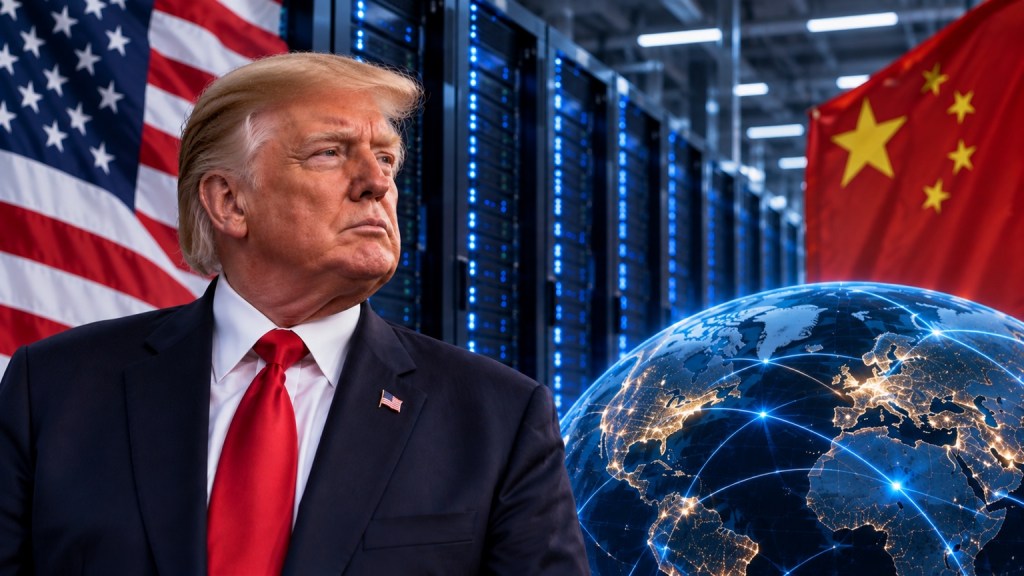 Ilustración de Trump con las banderas de Estados Unidos y China, servidores y un globo conectado.