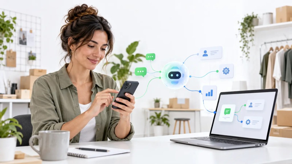 Propietaria de una pequeña empresa configurando la mensajería de WhatsApp Business con ayuda de un agente de IA