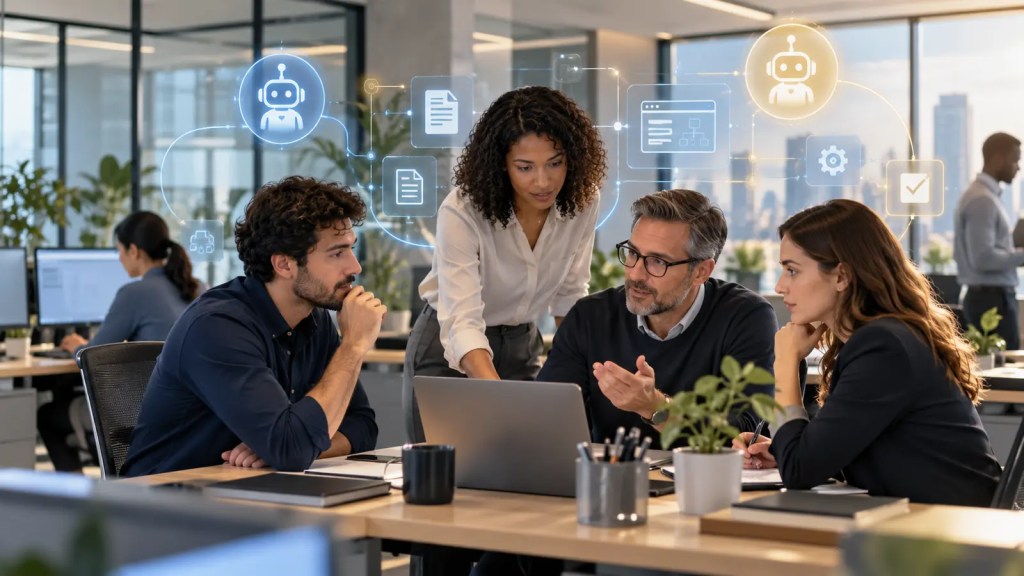Profesionales colaboran en una oficina mientras agentes de IA apoyan tareas digitales