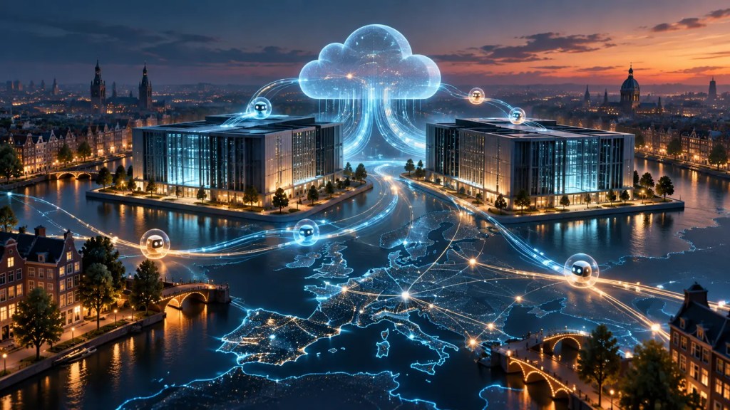 Ilustración editorial de dos centros de datos conectados a una nube de inteligencia artificial sobre Europa